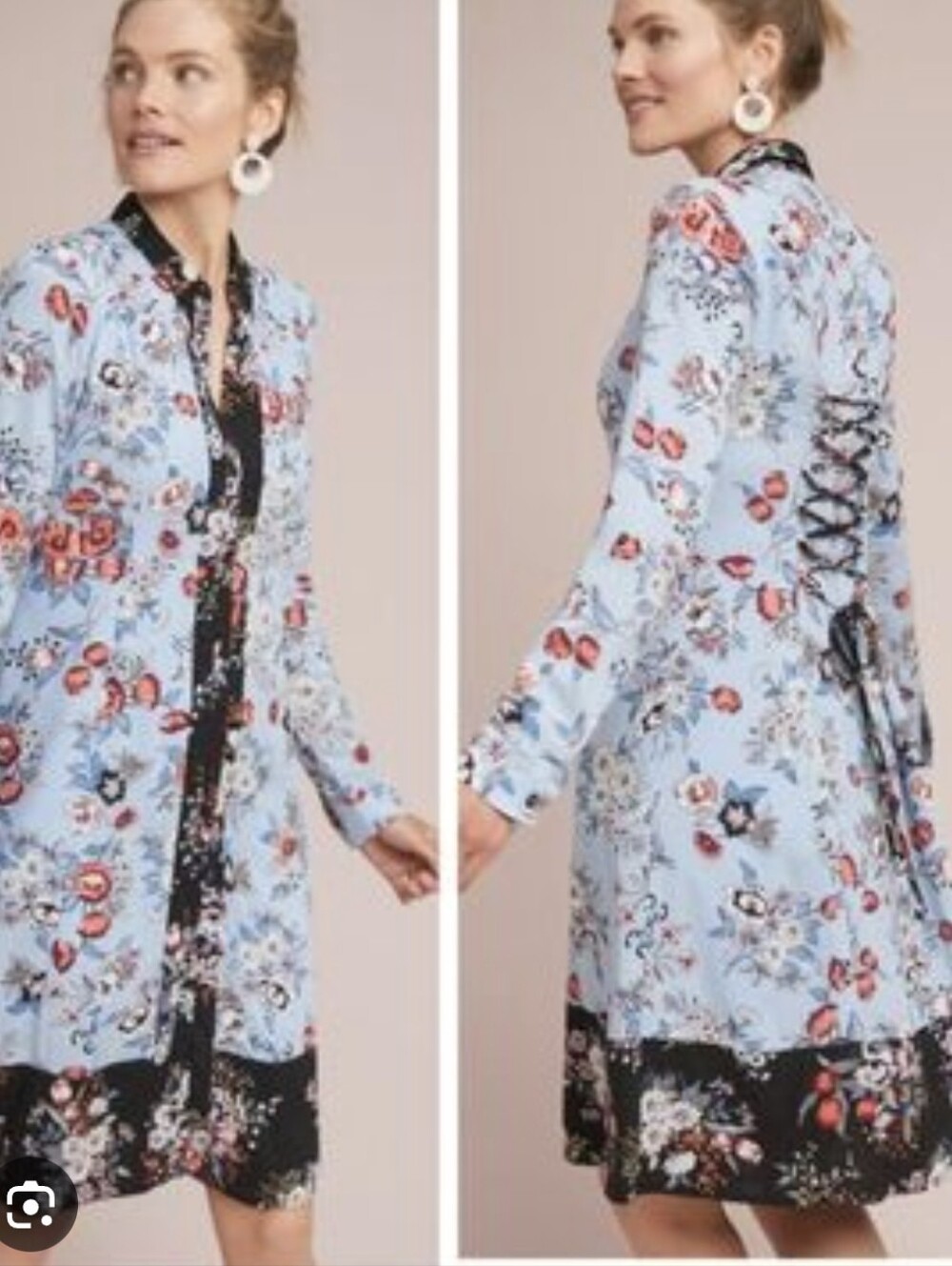Maeve Blue Floral Lace-Up Back Long Sleeve Dress | Romantic Chic